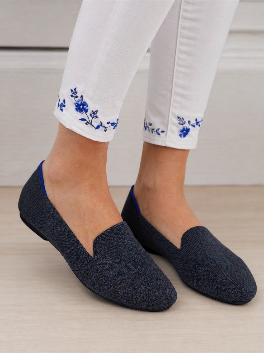 Rothy's Navy Knit Flats with Blue Trim